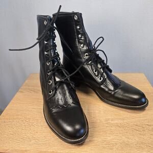 Size 6.5 Justin Black Leather Prairie Boots Kiltie Lace Up Roper Western USA